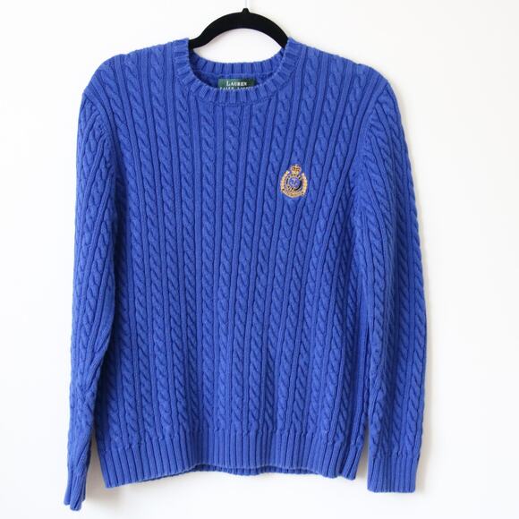Vintage Ralph Lauren Petite Chunky Cable Knit Sweater Blue Size P Med COTTON - Picture 1 of 7
